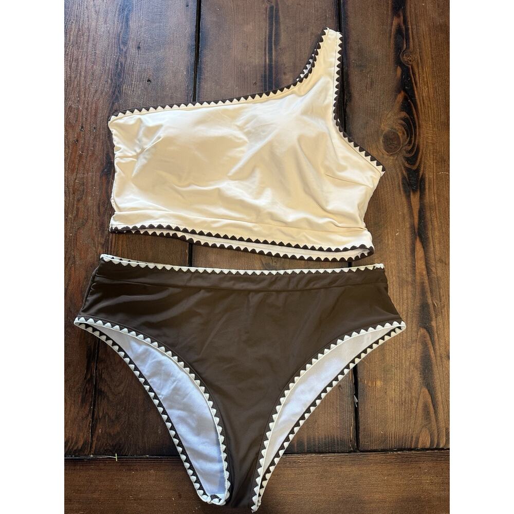Two Piece one shoulder Brown Cream swimsuit unbranded XL Beach Summer Pool